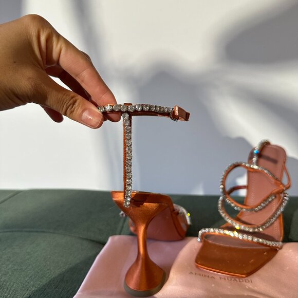 Amina Muaddi Gilda Embellished Ankle Strap Sandal Heels in Orange Satin - Picture 2 of 6